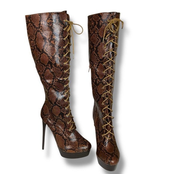 Noela Brown Snakeskin Lace Up Knee High Platform Stiletto Boots Zip Side 7.50 - Picture 4 of 16